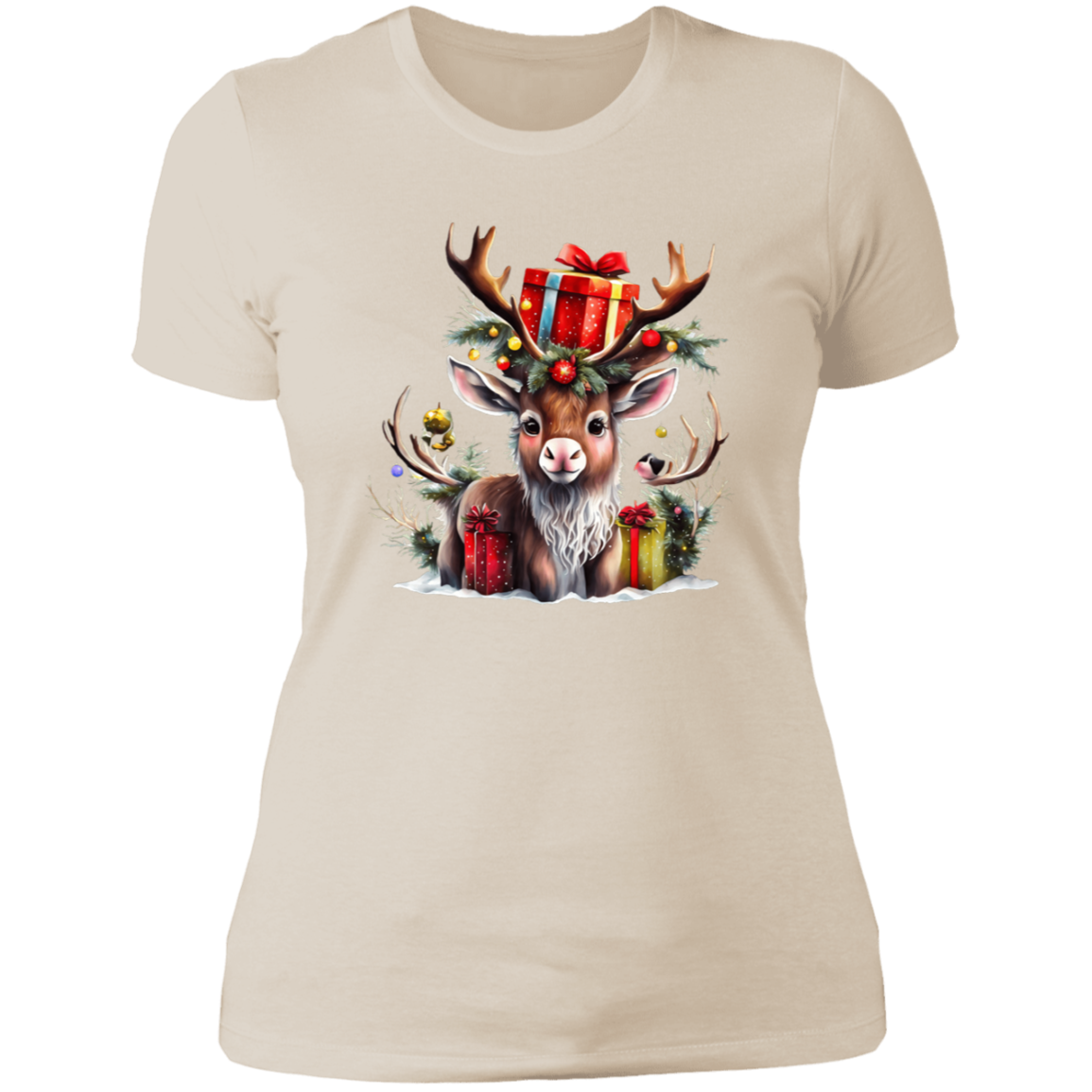 Cute Reindeer with Antlers and Presents Ladies' Boyfriend T-Shirt