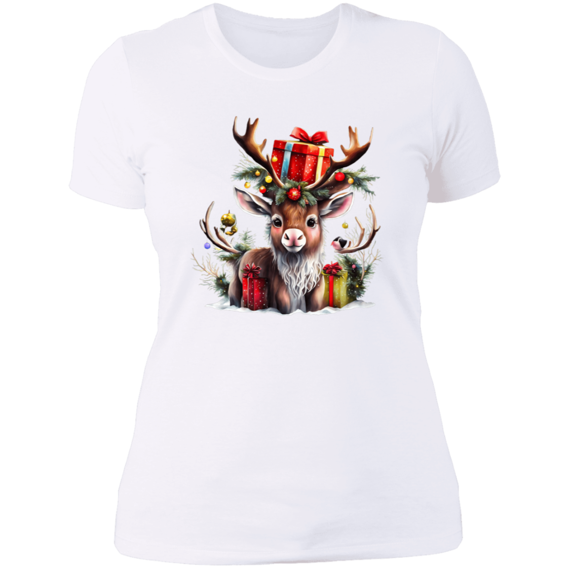 Cute Reindeer with Antlers and Presents Ladies' Boyfriend T-Shirt