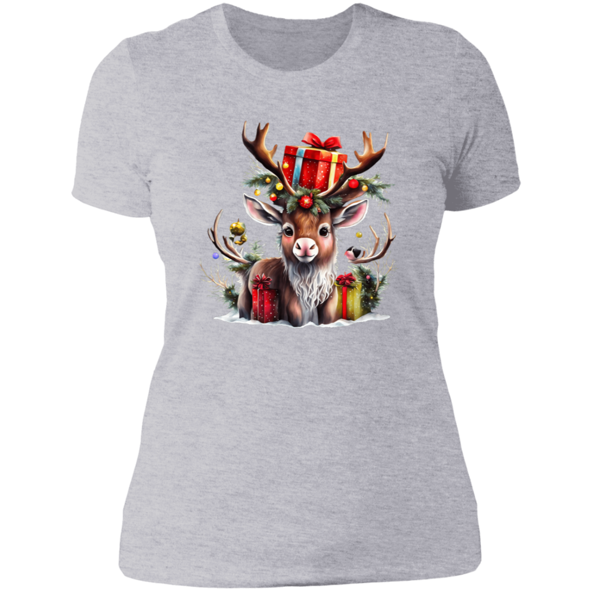 Cute Reindeer with Antlers and Presents Ladies' Boyfriend T-Shirt